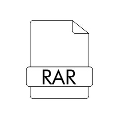 Icono plano lineal extensión RAR en documento en color negro