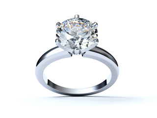 Close-up diamond engagement ring isolated on white background - obrazy, fototapety, plakaty