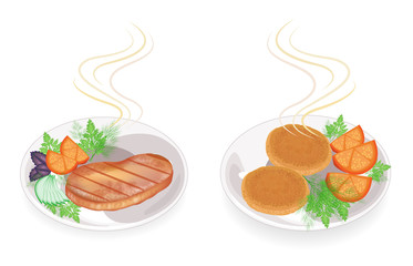 Collection. On a plate of hot fried meat steak and cutlets. Garnish tomato, parsley, dill. Tasty and nutritious food. Set of vector illustrations