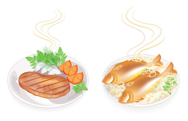 Collection. On a plate of hot fried meat steak and fish. Garnish onion, tomato, parsley, dill. Tasty and nutritious food. Set of vector illustrations