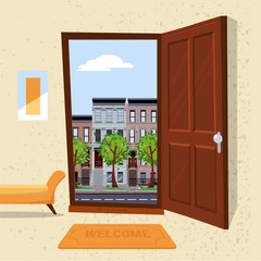 Interior of hallway with open wood door overlooking summer cityscape with houses and green trees. Furniture inside Soft bench, picture, mat against a textured wall. Flat cartoon illustration
