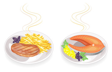 Collection. On a plate of fried steak meat and fish. Garnish fried potatoes, lemon, basil greens, parsley, dill. Tasty and nutritious food. Set of vector illustrations