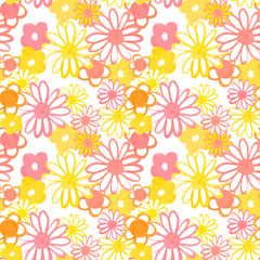Pink, yellow and orange floral seamless pattern. Bohemian vintage pattern in 60s and 70s style. Flower power.
