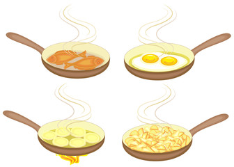 Preparation of dishes in a frying pan. Eggs, potatoes, pancakes, fish are fried. Tasty and nutritious food. A collection of pictures. Vector illustration