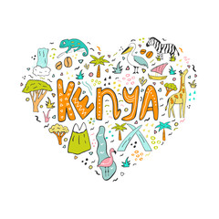 Hand drawn abstract design of Kenya with landmarks