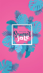 Obraz premium Vertical Summer Sale paper cut Background with Palm, monstera, banana Leaves with place for your text in white square frame.Trendy Jungle banner. Tropical exotic jungle plants. Illustration