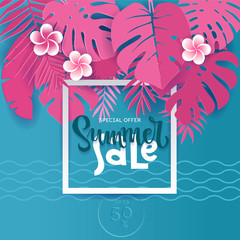 Square Summer Tropical palm monstera leaves in trandy paper cut style. White frame 3d letters SUMMER SALE hiding in exotic blue leaves on pink background for advertising. card illustration.