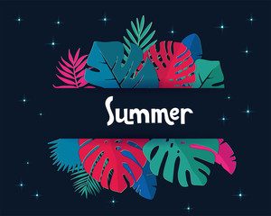 Fototapeta na wymiar Trendy Summer night banner. Paper cut Tropical palm leaves plants. Exotic Hawaiian background. Lettering quote summer in frame. Bright Colorful jungle floral concept woth starry sky. Monstera leaf.
