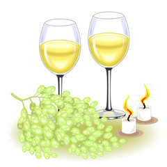 Thanksgiving Day. On the festive table are two glasses of white wine and a bunch of grapes. Candles give a romantic mood. Vector illustration