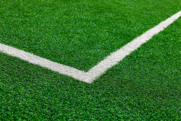 Painted White Lines Of Green Artificial Turf On Soccer Field.
