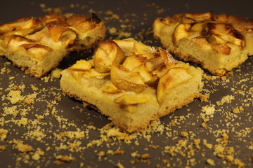 Pieces of apple pie on a grey background with crumbs