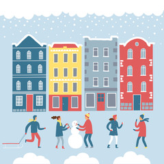 Obraz na płótnie Canvas Buildings and playing children winter set