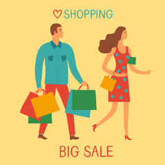 Running man and woman with shopping bags