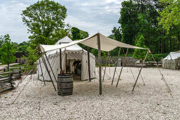 Yorktown, Virginia, USA - April 25. 2019 - An example of an officer's quarters when in encampment in the 18th centrury.