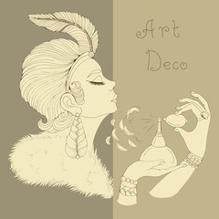 JPEG portrait in profile of elegant lady in Art Deco. Girl with a feather in a short hairstyle and a fur cloak. She holds perfume retro bottle and sprays on the neck. Decorated Page in old paper