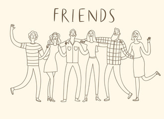 Group of six happy friends hugging each other.