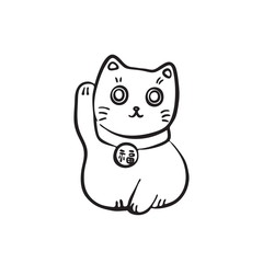 Hand drawn maneki neko. Vector black ink drawing isolated on white background. Graphic traditional Japan figurine illustration