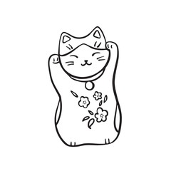 Hand drawn maneki neko cat. Vector black ink drawing isolated on white background. Graphic traditional Japan figurine illustration
