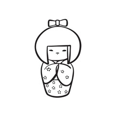 Hand drawn kokeshi doll. Vector black ink drawing isolated on white background. Graphic national japanese toy illustration