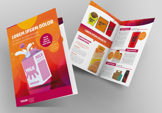 Product Brochure Layout with Abstract Orange and Purple Accents