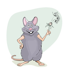 Happy rat holding dandelion flower, on green background.