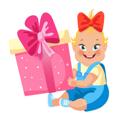 Baby girl is little and happy. Cute sitting child with big gift on white background. Isolated symbol of childhood, happiness, birthday for postcard, background. Cartoon style vector illustration.