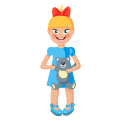 Baby girl is little and happy. Cute standing child with teddy bear. Symbol of childhood, happiness for background, icon, and postcard. Cartoon style vector illustration.
