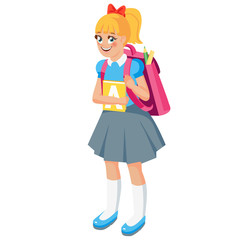 Fototapeta na wymiar Baby girl is little and happy. Cute standing child with backpack and textbook. Symbol of childhood, studing for background, icon, and postcard. Cartoon style vector illustration.