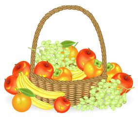 Thanksgiving. Collected a generous harvest. In the basket are apples, bananas, grapes, persimmons and oranges. Fresh beautiful fruits. Vector illustration