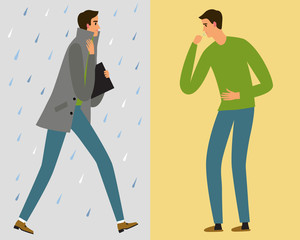 Girl walking under the rain and catch a cold.