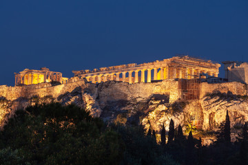 Parthenon on Acropolis Hill of Athens at night, historic heritage