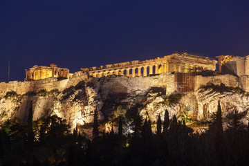 Parthenon on Acropolis Hill of Athens at night, historic heritage