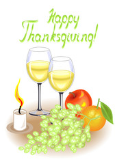 Thanksgiving Day. Two glasses of white wine and a candle. Vintage fruits, apple, grapes and orange. Vector illustration
