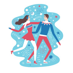 Cartoon ice skaters pair on decorative background.