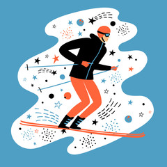 Cartoon fast skier on decorative background.