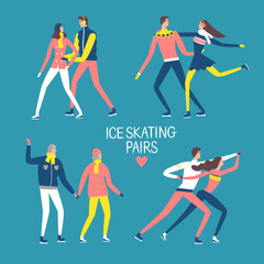 Cartoon ice skating pairs set.