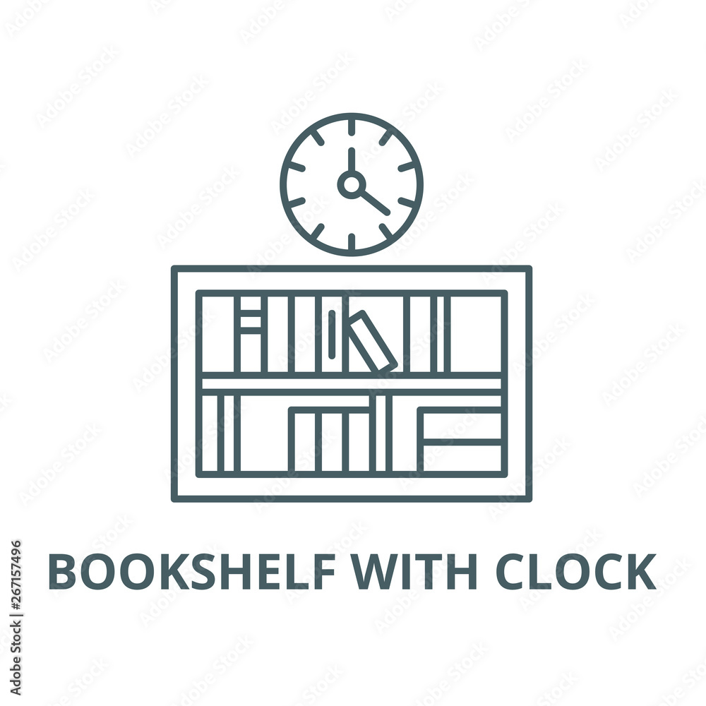Poster bookshelf with clock vector line icon, outline concept, linear sign