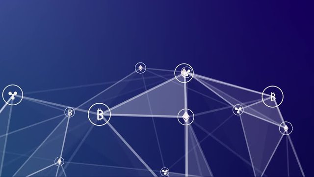 Vertical rotation of cubes with symbols. effect of radiance. icons of world crypto currencies. economic business background. seamless loop.
