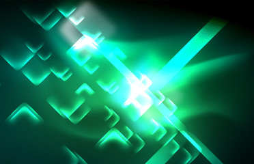 Neon square and line lights on dark background with blurred effects