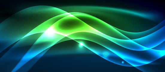 Glowing abstract wave on dark, shiny motion, magic space light. Techno abstract background