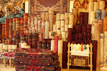 Close up detail from handmade carpet and rug store in Antalya, Turkey