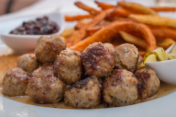 Kottbullar meatballs with sweet potato fries