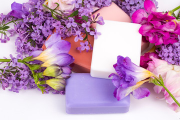 Lilac flower soap isolated on the white background