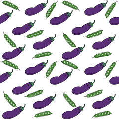 Seamless pattern with hand drawn aubergines and peas on white backdrop.Food texture background for wallpaper, textile, web page backdrop,  farm market, food packaging design