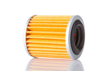 Car filter microfiber paper for cleaning lying on its side with reflection, isolated spare part on a white background.