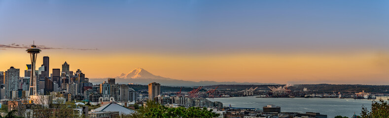 america, panorama, pano, panoramic, washington, seattle, downtown, sky, tower, skyscraper, port, usa, travel, sunset, view, pacific, landscape, building, scenic, mountain, city, tourism, skyline, brea