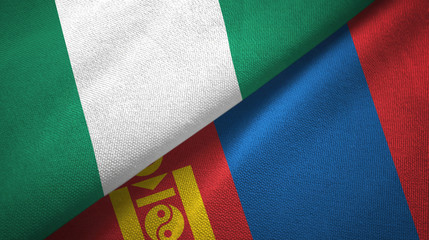 Nigeria and Mongolia two flags textile cloth, fabric texture