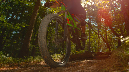 Fototapeta na wymiar LENS FLARE: Cool shot of a man riding an electric bike through the sunlit woods.