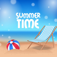 Hello Summer time tropical outside beautiful beach with balloon and beach chair on the sand