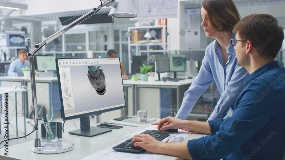 Poster Engineer Working on Desktop Computer, Screen Showing CAD Software with 3D Component, His Female Project Manager Explains Specifics. Engineering Facility with Blueprints with Industrial Design. 